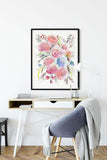 "Peonies Ranunculus Bouquet" vertical watercolor floral print