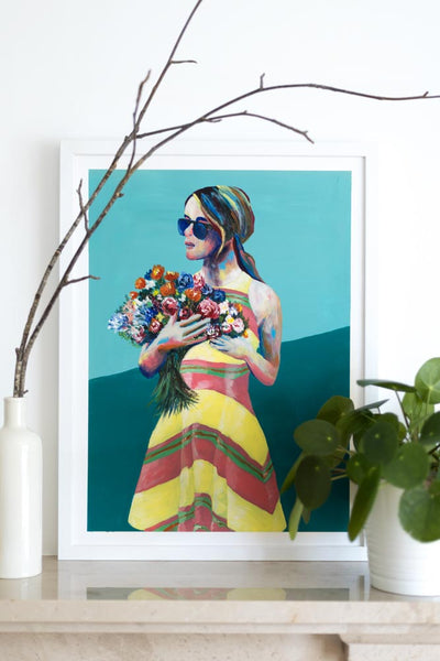 Aqua Green painting woman with sunglasses holding flowers Flavia Bennard