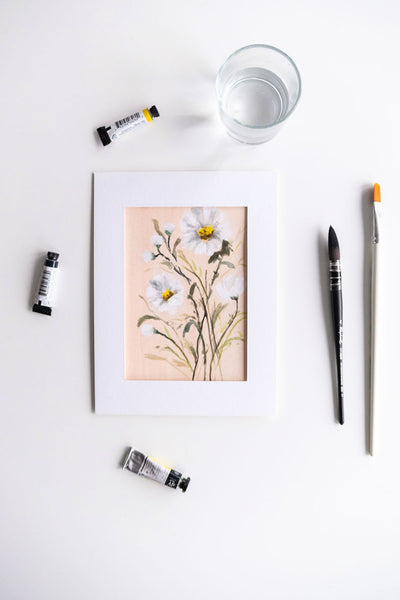 Flavia Bennard white flowers pink background watercolor painting