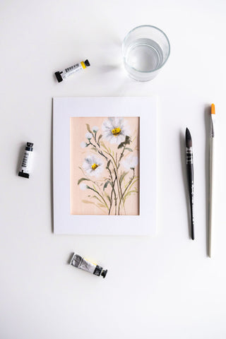 Flavia Bennard white flowers pink background watercolor painting