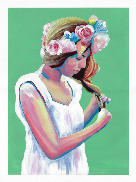 Green painting woman with flowers in her hair Flavia Bennard