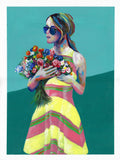 Green painting woman with sunglasses holding flowers Flavia Bennard