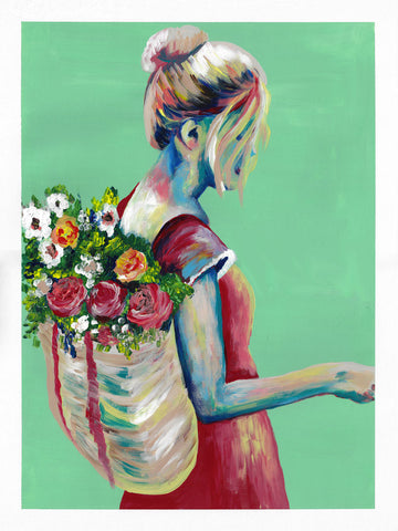 Aqua Green painting woman with with flowers in backpack Flavia Bennard