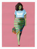 Pink Body Positive Painting Woman With Stripped Skirt and Flowers Flavia Bennard