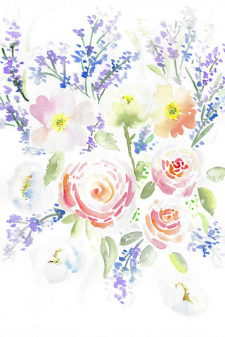 "Ranunculus Lavender Poppies Rhapsody" vertical watercolor floral print