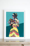 Teal painting woman with sunglasses holding flowers Flavia Bennard