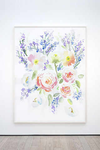 "Ranunculus Lavender Poppies Rhapsody" vertical watercolor floral print