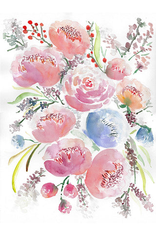 "Peonies Ranunculus Bouquet" vertical watercolor floral print