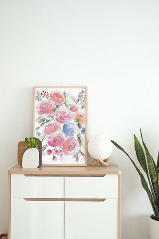 "Peonies Ranunculus Bouquet" vertical watercolor floral print