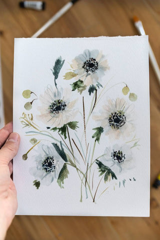 white anemones expressive watercolor flowers painting Flavia Bennard