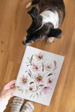 woman holding a watercolor flowers bouquet painting next to a dog